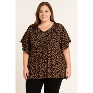 Catherines Plus‎ Size 3X Tunic Top Leopard Print Pleated Flutter Sleeves Classic